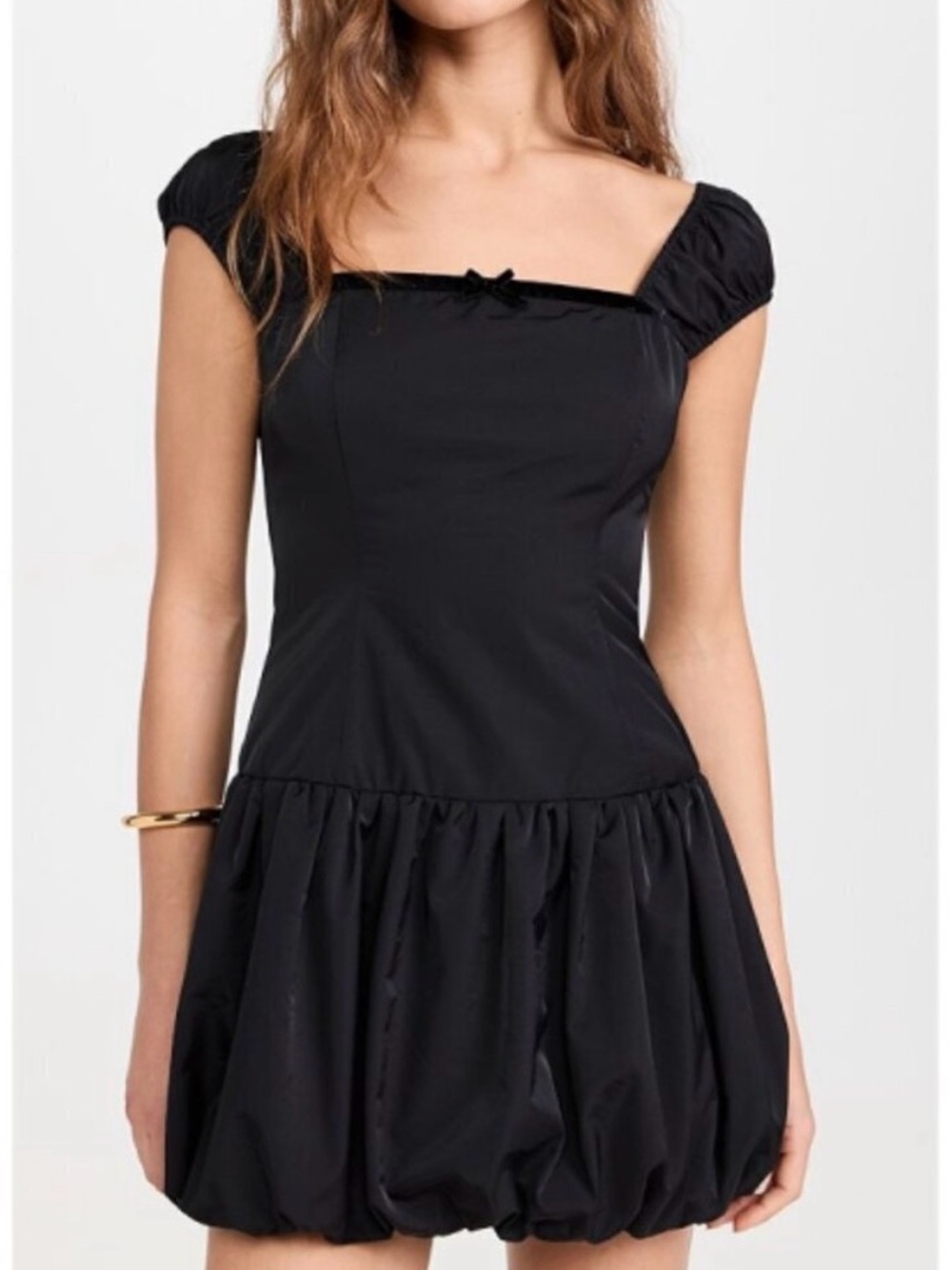 Wayf Black Square-Neck Puff-Sleeve Mini Dress